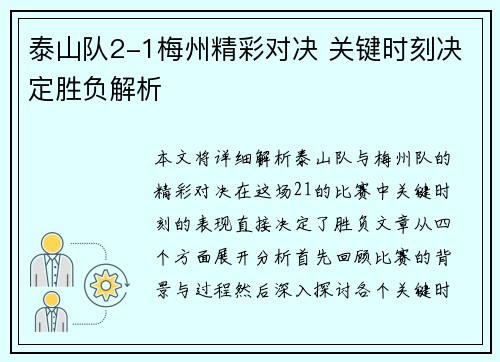 泰山队2-1梅州精彩对决 关键时刻决定胜负解析