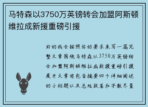 马特森以3750万英镑转会加盟阿斯顿维拉成新援重磅引援